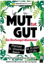Plakat „Mut tut gut – Ein Dschungel-Abenteuer“ mit Dschungelmotiv und Affen, Termin 02.10.2024, 17 Uhr, Pfarrsaal St. Vincentius Beeck, Eintritt frei.
