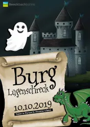 Plakat „Burg Lügenschreck“: gruseliges Schloss mit Drache und Gespenst, Termin 10.10.2019 im Pfarrsaal St. Vincentius in Beeck.