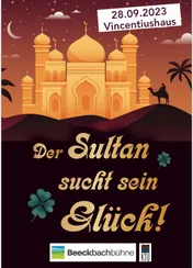Plakat „Der Sultan sucht sein Glück“ mit orientalischem Motiv.