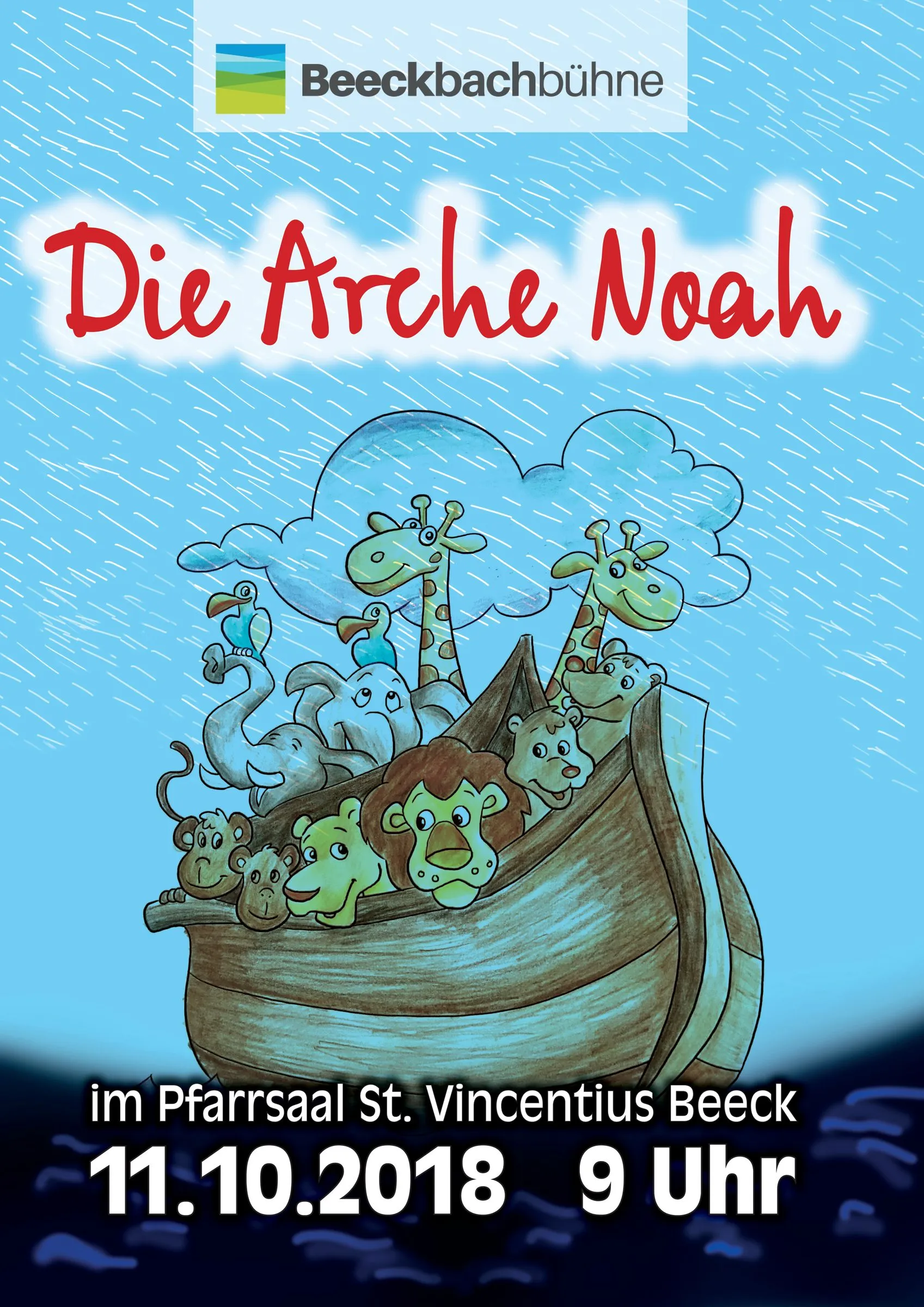 Plakat „Die Arche Noah“: gezeichnete Tiere schauen aus der Arche, Termin 11.10.2018, 9 Uhr, im Pfarrsaal St. Vincentius Beeck.